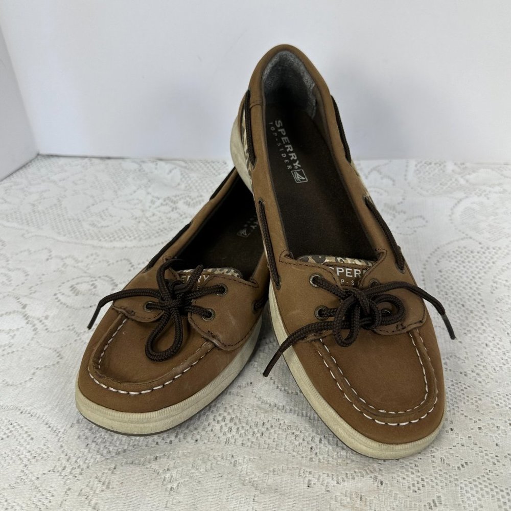 Sperry Top Siders Sparkly Cheetah Print flats, Brown leather, side leopard, 7.5M